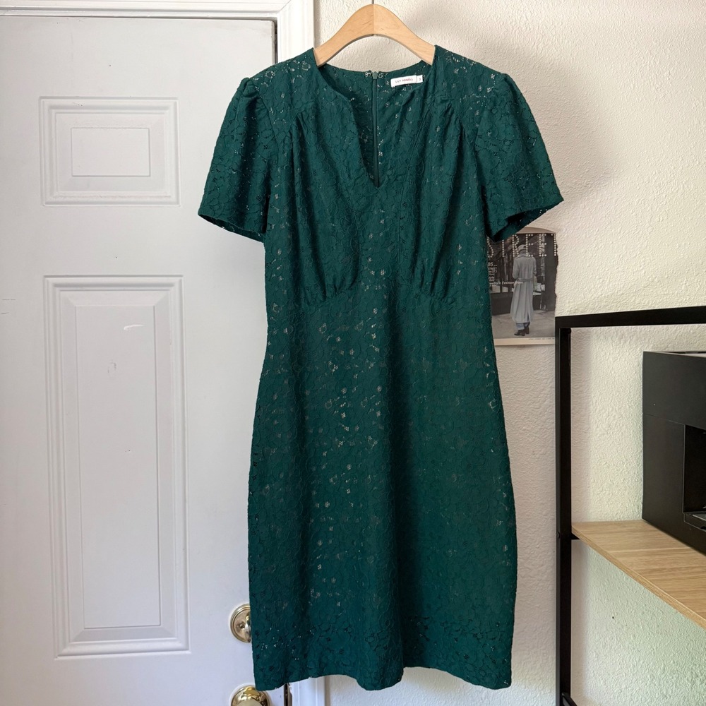 LILY ASHWELL teal forest green cotton lace short puff sleeve mini dress